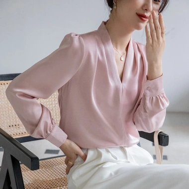 Áo Lụa Nữ Cổ V Xếp Li Vai Trơn Tay Dài Kiểu Sơ Mi - Lụa Ngọc Trai Cao Cấp 129k 3