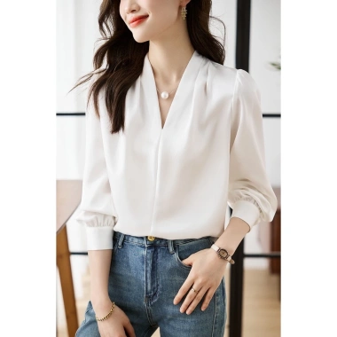 Áo Lụa Nữ Cổ V Xếp Li Vai Trơn Tay Dài Kiểu Sơ Mi - Lụa Ngọc Trai Cao Cấp 129k 4