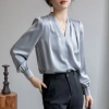 Áo Lụa Nữ Cổ V Xếp Li Vai Trơn Tay Dài Kiểu Sơ Mi - Lụa Ngọc Trai Cao Cấp 129k 5