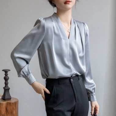 Áo Lụa Nữ Cổ V Xếp Li Vai Trơn Tay Dài Kiểu Sơ Mi - Lụa Ngọc Trai Cao Cấp 129k 5