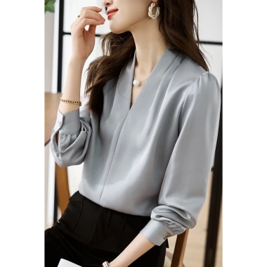Áo Lụa Nữ Cổ V Xếp Li Vai Trơn Tay Dài Kiểu Sơ Mi - Lụa Ngọc Trai Cao Cấp 129k 7