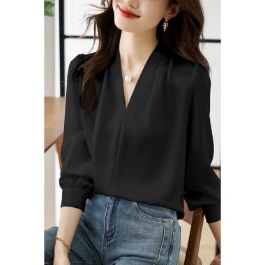 Áo Lụa Nữ Cổ V Xếp Li Vai Trơn Tay Dài Kiểu Sơ Mi - Lụa Ngọc Trai Cao Cấp 129k 8