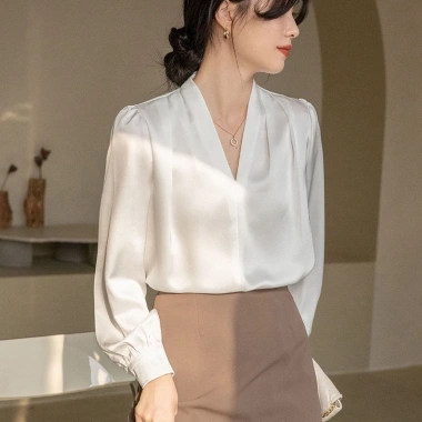 Áo Lụa Nữ Cổ V Xếp Li Vai Trơn Tay Dài Kiểu Sơ Mi - Lụa Ngọc Trai Cao Cấp 129k 9