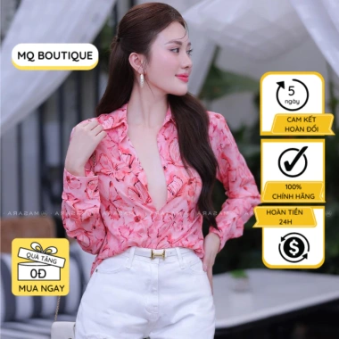 Áo lụa sơ mi nữ dài tay cao cấp công sở họa tiết con vật nền hồng - MQ Boutique