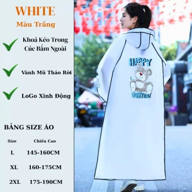 Áo Mưa Thời Trang Nam Nữ Nhiều Màu Chống Thấm, Nón Tháo Rời, Khóa Kéo, Logo Dễ Thương