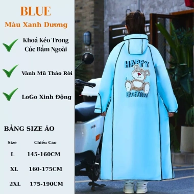 Áo Mưa Thời Trang Nam Nữ Nhiều Màu Chống Thấm, Nón Tháo Rời, Khóa Kéo, Logo Dễ Thương