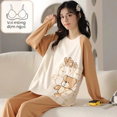 Áo ngủ nữ có đệm ngực tay dài, quần dài size lớn, in hoạt hình dễ thương, thoải mái mặc nhà ra ngoài - 102.026₫