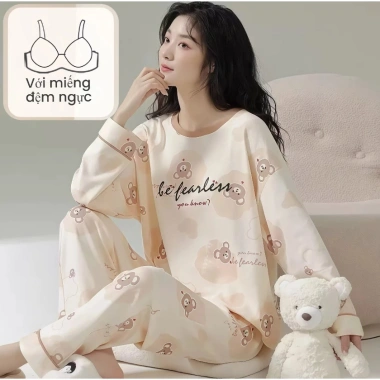 Áo ngủ nữ có đệm ngực tay dài, quần dài size lớn, in hoạt hình dễ thương, thoải mái mặc nhà ra ngoài - 102.026₫