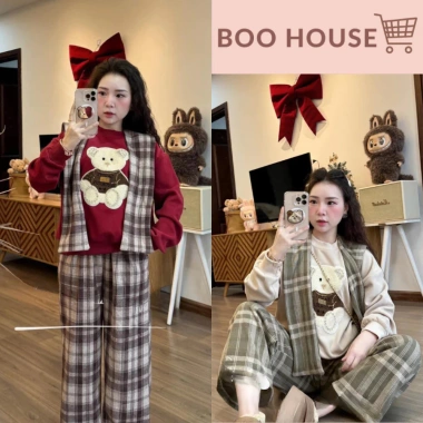Áo nỉ in gấu form rộng và quần caro ống suông trẻ trung, bộ đồ nữ BOOHOUSE HCOM3.508 giá ưu đãi 129k