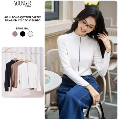 Áo nỉ nữ CARDINA nỉ bông cotton dài tay ôm cổ cao viền bèo 5YANF09 165k