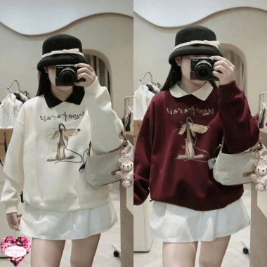 Áo Nỉ Nữ Cổ Sơ Mi In Chú Chó Dễ Thương Freesize - Chất Dày Dặn, Mềm Mịn, Hàng Quảng Châu Loại 1