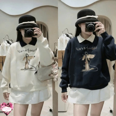 Áo Nỉ Nữ Cổ Sơ Mi In Chú Chó Dễ Thương Freesize - Chất Dày Dặn, Mềm Mịn, Hàng Quảng Châu Loại 1