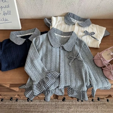 Áo nỉ ren trẻ em 2 lớp giả, cổ búp bê ngọt ngào, len dệt kim – Giá 217.566₫ 3