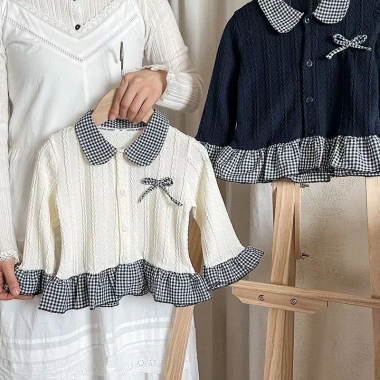 Áo nỉ ren trẻ em 2 lớp giả, cổ búp bê ngọt ngào, len dệt kim – Giá 217.566₫ 6
