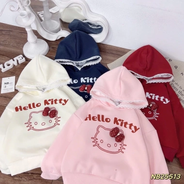 Áo nỉ thu đông bé gái Hàn Quốc Tini Kids, mũ ren hello kitty, 10-30kg, giảm giá 135k