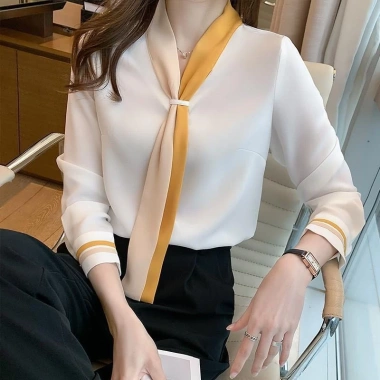 Áo nơ nữ A4.480 phối màu - Công sở thanh lịch, full size 40-90kg, giảm còn 225.000 VND