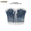 Áo ống ren jean denim phong cách Mỹ, thêu chữ ôm vừa vặn, mùa hè nữ - giảm giá 276k