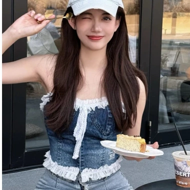 Áo ống ren jean denim phong cách Mỹ, thêu chữ ôm vừa vặn, mùa hè nữ - giảm giá 276k 3