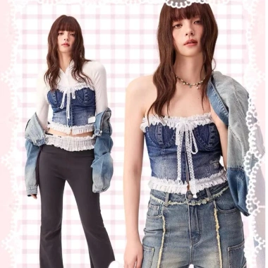 Áo ống ren jean denim phong cách Mỹ, thêu chữ ôm vừa vặn, mùa hè nữ - giảm giá 276k 5