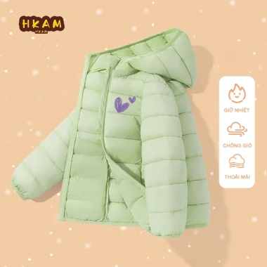 Áo phao bé gái mùa đông ấm áp có mũ, in trái tim Unisex đa năng - Giá chỉ 299k