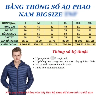 Áo phao nam siêu nhẹ xuất khẩu bigsize 55-120kg, áo rét mùa đông có mũ tháo rời, vải trượt nước, bảo hành 12 tháng - 400k 2
