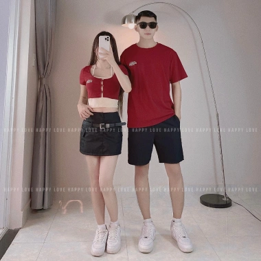 Áo phông cặp đôi nam nữ croptop đỏ thêu chữ Quảng Châu cao cấp HAPPYLOVE H103 giảm còn 275.990 VND 3