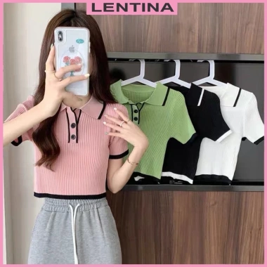 Áo polo croptop len gân nữ tay ngắn ôm body cổ bẻ dệt kim Hàn Quốc - 115k