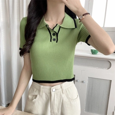 Áo polo croptop len gân nữ tay ngắn ôm body cổ bẻ dệt kim Hàn Quốc - 115k
