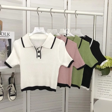 Áo polo croptop len gân nữ tay ngắn ôm body cổ bẻ dệt kim Hàn Quốc - 115k
