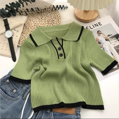 Áo polo croptop len gân nữ tay ngắn ôm body cổ bẻ dệt kim Hàn Quốc - 115k