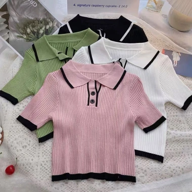 Áo polo croptop len gân nữ tay ngắn ôm body cổ bẻ dệt kim Hàn Quốc - 115k