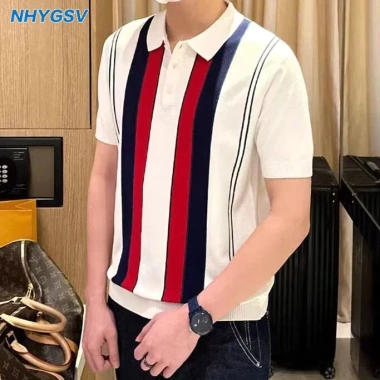 Áo polo dệt kim sọc nam NHYGSV – Vải mát mẻ, trắng, size M-XXXL, phong kinh doanh