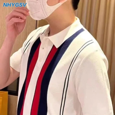 Áo polo dệt kim sọc nam NHYGSV – Vải mát mẻ, trắng, size M-XXXL, phong kinh doanh