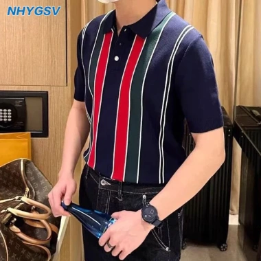 Áo polo dệt kim sọc nam NHYGSV – Vải mát mẻ, trắng, size M-XXXL, phong kinh doanh