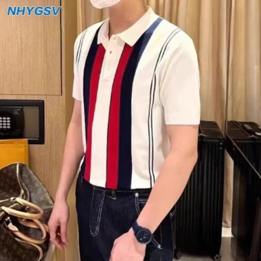 Áo polo dệt kim sọc nam NHYGSV – Vải mát mẻ, trắng, size M-XXXL, phong kinh doanh