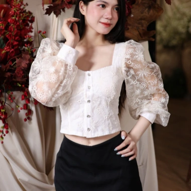 Áo Ren IVY Tay Phồng Cổ Vuông Ôm Body - Giảm Giá Đến 339k | Melanie Mira
