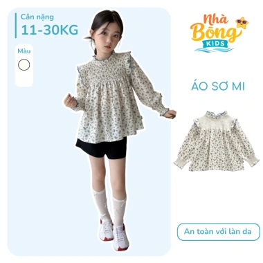 Áo sơ mi bé gái hoa nhí cotton mềm, thoáng mát xuân hè - 155.000 VND