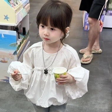 Áo sơ mi bé gái puff tay Bud bộ, hợp quần rộng, mát mẻ mùa thu sang trọng thời trang