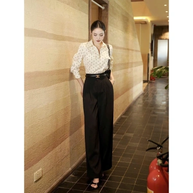 Áo sơ mi chấm bi nữ công sở dài tay phối quần tây ống rộng lưng cao sang trọng thanh lịch 275.000 VND 8