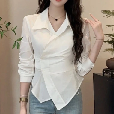 Áo sơ mi chiết eo công sở nữ SM HACK EO-75, vạt chéo dây buộc tôn dáng