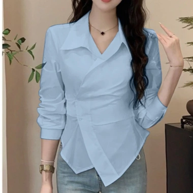 Áo sơ mi chiết eo công sở nữ SM HACK EO-75, vạt chéo dây buộc tôn dáng