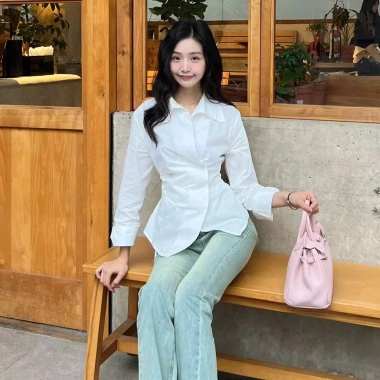 Áo sơ mi chiết eo công sở nữ SM HACK EO-75, vạt chéo dây buộc tôn dáng