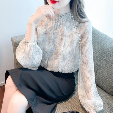 Áo sơ mi chiffon tay dài cổ đứng họa tiết Hàn Quốc, chống lão hóa nữ 275.924₫ 2