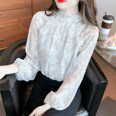Áo sơ mi chiffon tay dài cổ đứng họa tiết Hàn Quốc, chống lão hóa nữ 275.924₫ 3