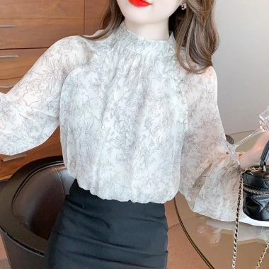 Áo sơ mi chiffon tay dài cổ đứng họa tiết Hàn Quốc, chống lão hóa nữ 275.924₫ 4