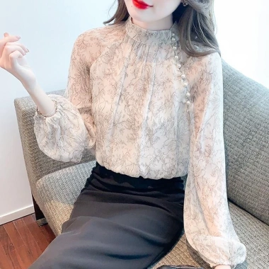 Áo sơ mi chiffon tay dài cổ đứng họa tiết Hàn Quốc, chống lão hóa nữ 275.924₫ 10