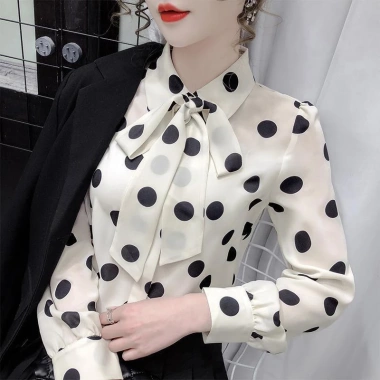 Áo sơ mi chiffon tay dài rộng thắt nơ chấm bi phong cách Hàn Quốc xuân thu nữ 5