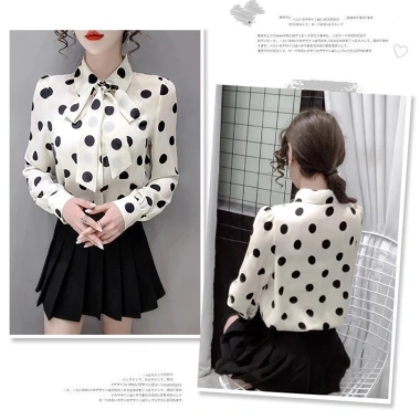 Áo sơ mi chiffon tay dài rộng thắt nơ chấm bi phong cách Hàn Quốc xuân thu nữ 6