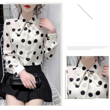 Áo sơ mi chiffon tay dài rộng thắt nơ chấm bi phong cách Hàn Quốc xuân thu nữ 7