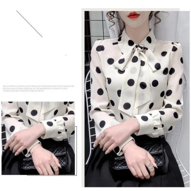 Áo sơ mi chiffon tay dài rộng thắt nơ chấm bi phong cách Hàn Quốc xuân thu nữ 8